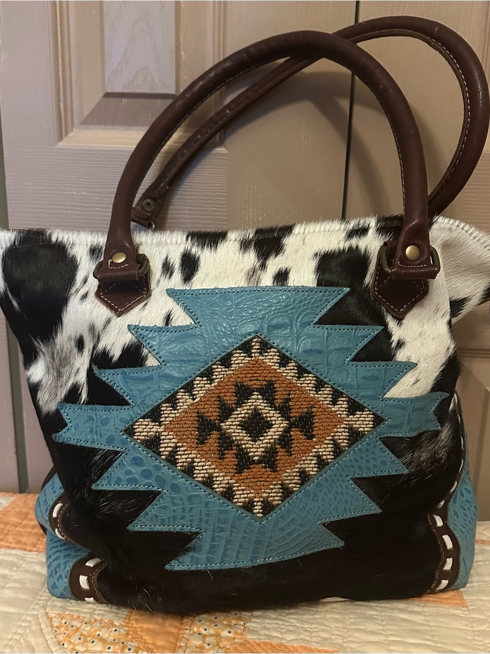Myra Bag Beautiful Leather and Cowhide with Aztec design